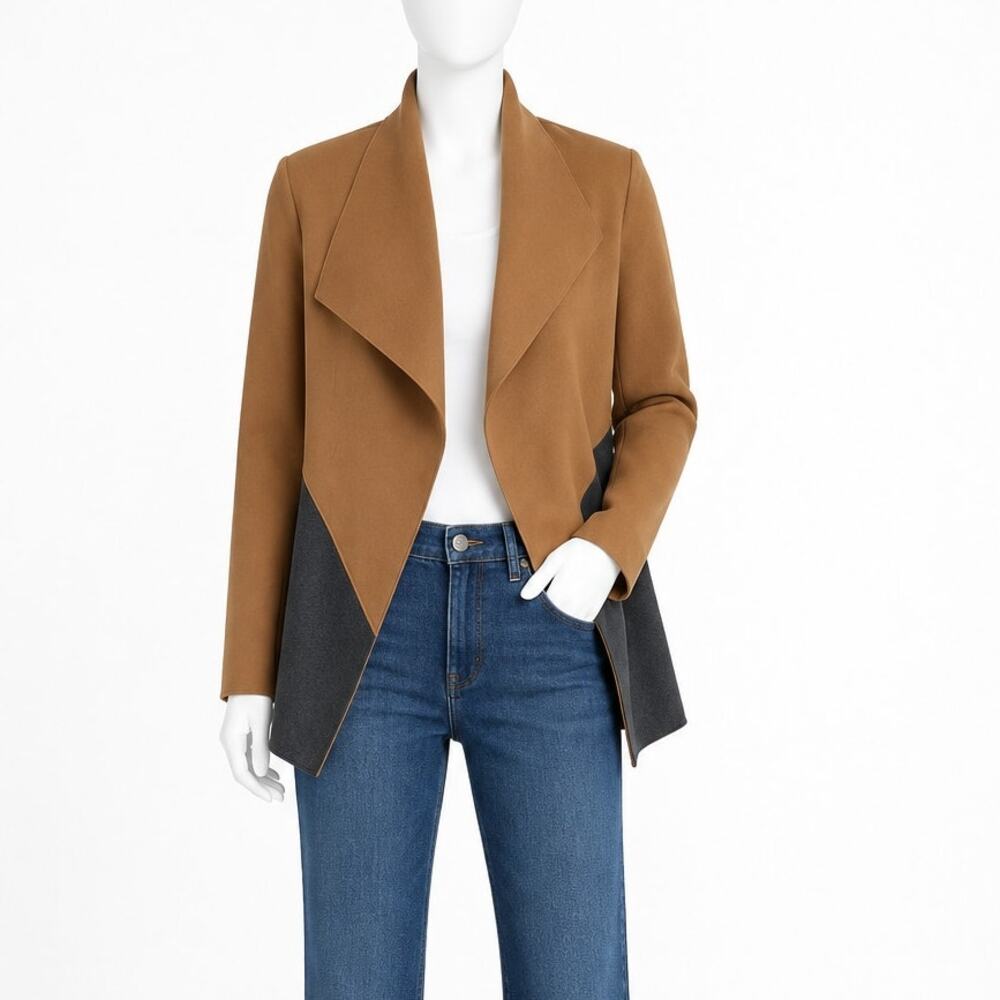 Paperwhite Colorblock Open Front Jacket Women’s 14 Camel Charcoal NWT $298